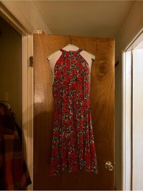 Red Floral Halter Midi Dress with Tie Neck